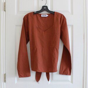 Rita Row Plaid Long Sleeve Sweetheart Neckline Tie Back Shirt Orange Green